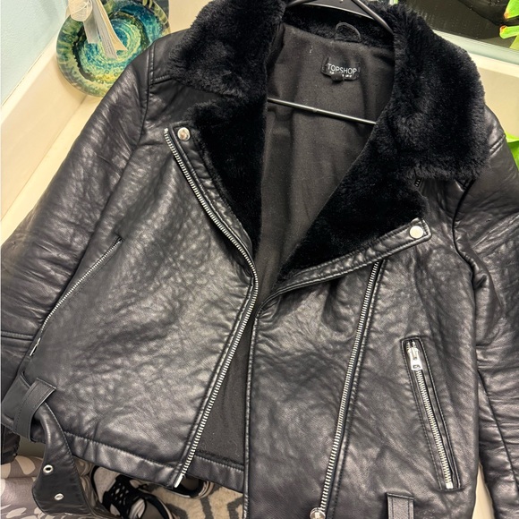 Topshop Black Leather Jacket with Fur Trim - Picture 10 of 10